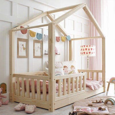 Παιδικό Κρεβάτι Σπιτάκι Housebed Με Προστατευτικό Κάγκελο Φυσικό Ξύλο 190x90cm 1cm Ποδαράκι - 10% Έκπτωση Στο Στρώμα
