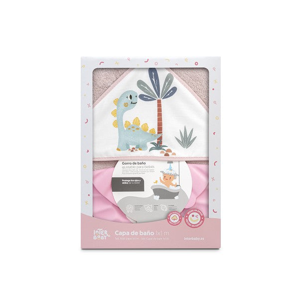 Σετ Μπουρνούζι & Καπέλο Μπάνιου Dino Dark Pink