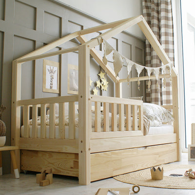 Παιδικό Κρεβάτι Σπιτάκι Housebed Plus Με Αποθηκευτικό Χώρο 100x200cm Φυσικό Ξύλο- 10% Έκπτωση Στο Στρώμα