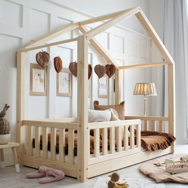 Παιδικό Κρεβάτι Σπιτάκι Housebed Με Προστατευτικό Κάγκελο Φυσικό Ξύλο 190x90cm 1cm Ποδαράκι - 10% Έκπτωση Στο Στρώμα