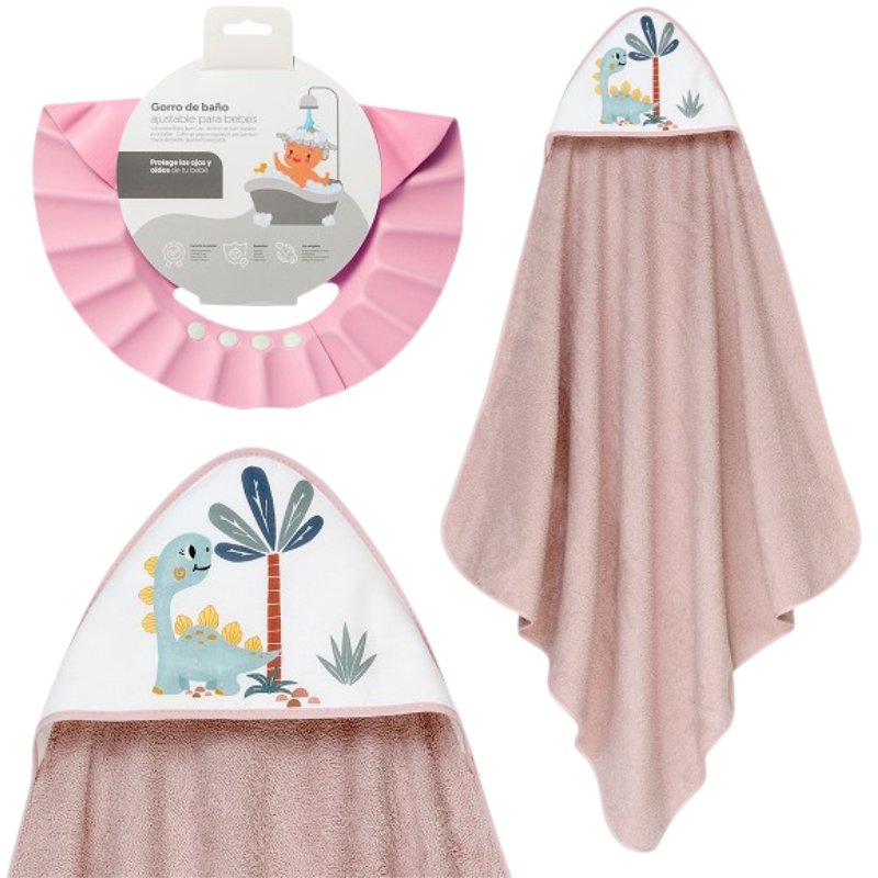 Σετ Μπουρνούζι & Καπέλο Μπάνιου Dino Dark Pink