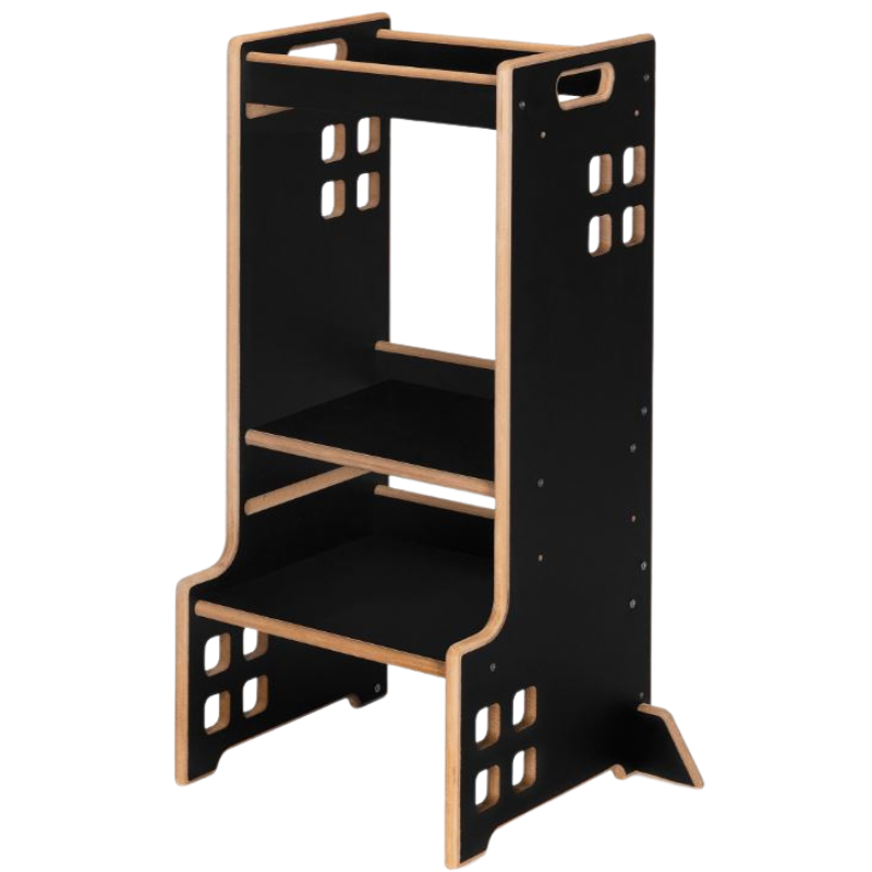 Montessori Ξύλινος Πύργος Εκμάθησης & Βιβλιοθήκη Cass 2 σε 1 Black Onyx Lionelo