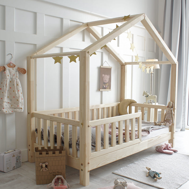 Παιδικό Κρεβάτι Σπιτάκι Housebed Με Προστατευτικό Κάγκελο Φυσικό Ξύλο 160x80cm - 10% Έκπτωση Στο Στρώμα