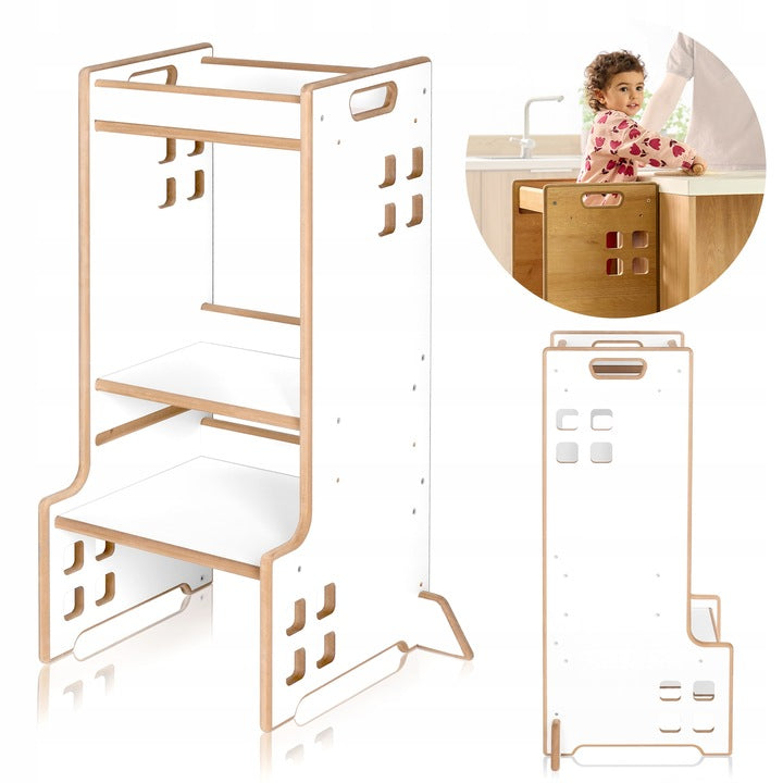 Montessori Ξύλινος Πύργος Εκμάθησης & Βιβλιοθήκη Cass 2 σε 1 White Lionelo