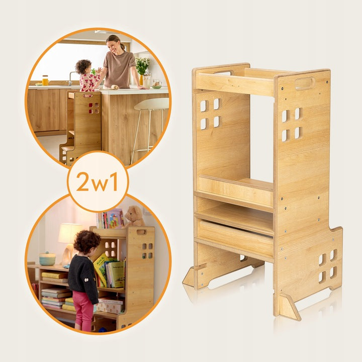Montessori Ξύλινος Πύργος Εκμάθησης & Βιβλιοθήκη Cass 2 σε 1 Black Onyx Lionelo
