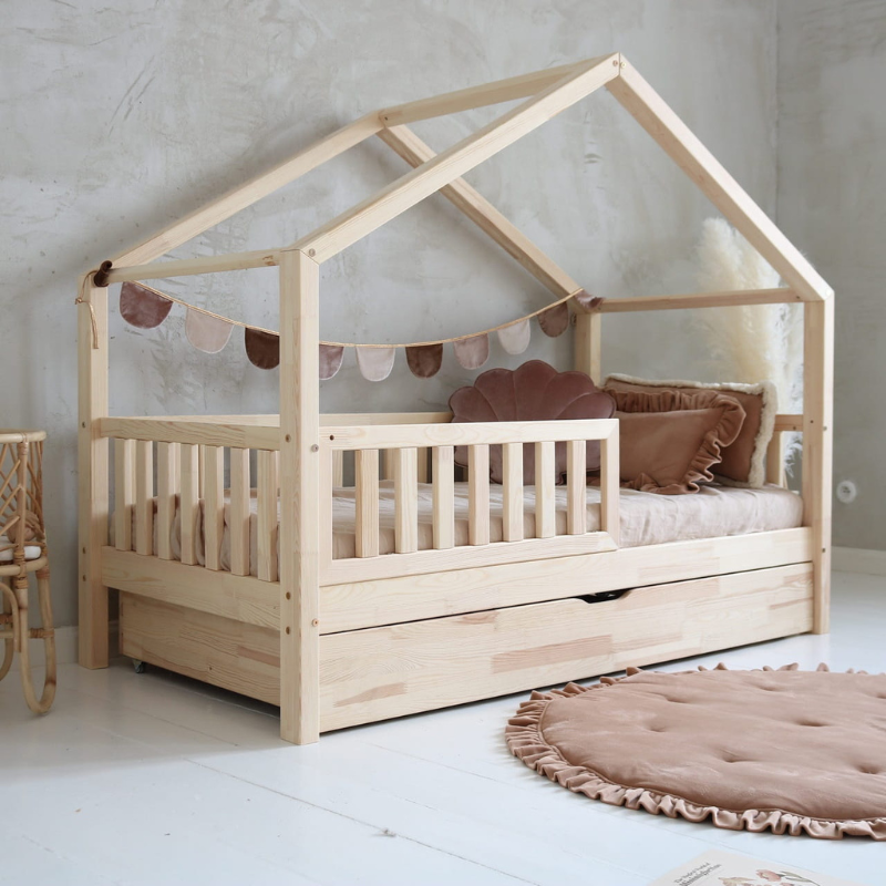 Παιδικό Κρεβάτι Σπιτάκι Housebed Plus Με Αποθηκευτικό Χώρο 90x190cm Φυσικό Ξύλο- 10% Έκπτωση Στο Στρώμα
