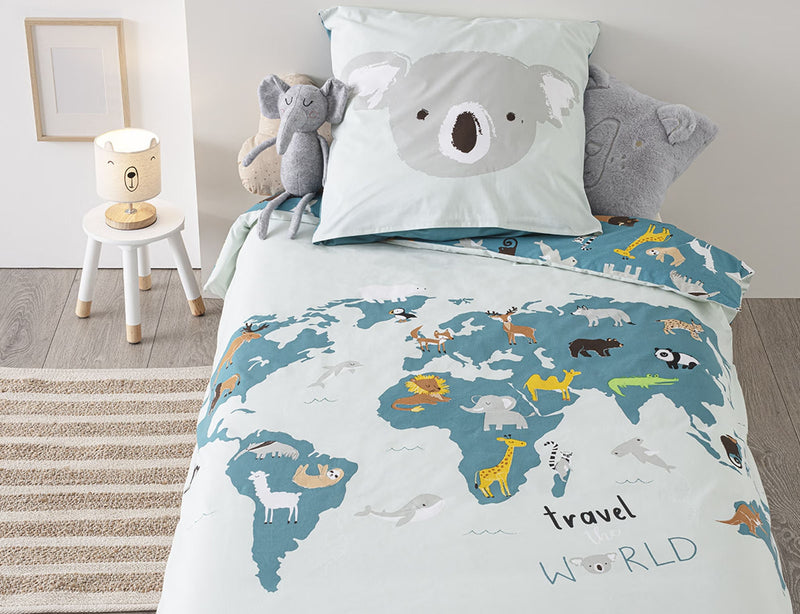 Σετ Μονή Παπλωματοθήκη & Μαξιλαροθήκη World Map 140x200cm