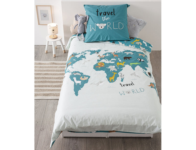 Σετ Μονή Παπλωματοθήκη & Μαξιλαροθήκη World Map 140x200cm