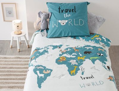 Σετ Μονή Παπλωματοθήκη & Μαξιλαροθήκη World Map 140x200cm