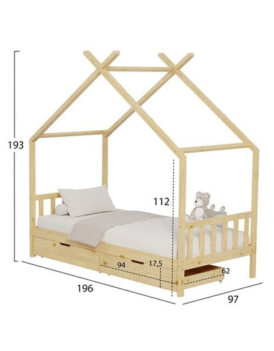 Παιδικό Κρεβάτι Montessori Klarice Με Αποθηκευτικό Χώρο Φυσικό Ξύλο 190x90cm