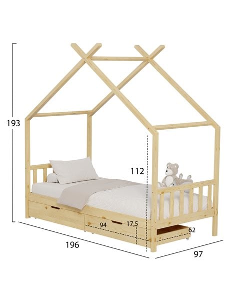 Παιδικό Κρεβάτι Montessori Klarice Με Αποθηκευτικό Χώρο Φυσικό Ξύλο 190x90cm
