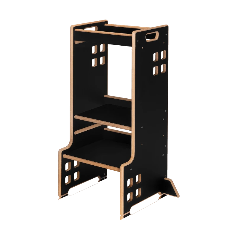 Montessori Ξύλινος Πύργος Εκμάθησης & Βιβλιοθήκη Cass 2 σε 1 Black Onyx Lionelo