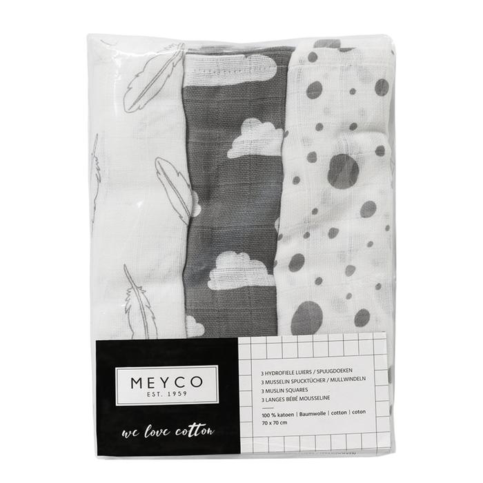 Meyco Πολυχρηστικές Μουσελίνες 3τμχ 70x70 cm Feathers/Clouds/Dots Grey